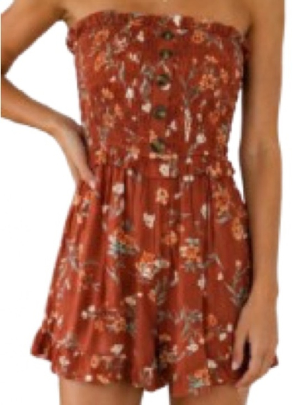 American Eagle Strapless Smocked Floral Romper Boho Rust Button Front Flowy S